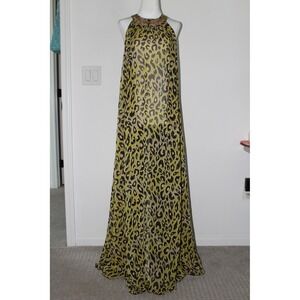 H&M Women's Leopard Halter Maxi Dress Gold Embroidered Chartreuse Sleeveless M/L
